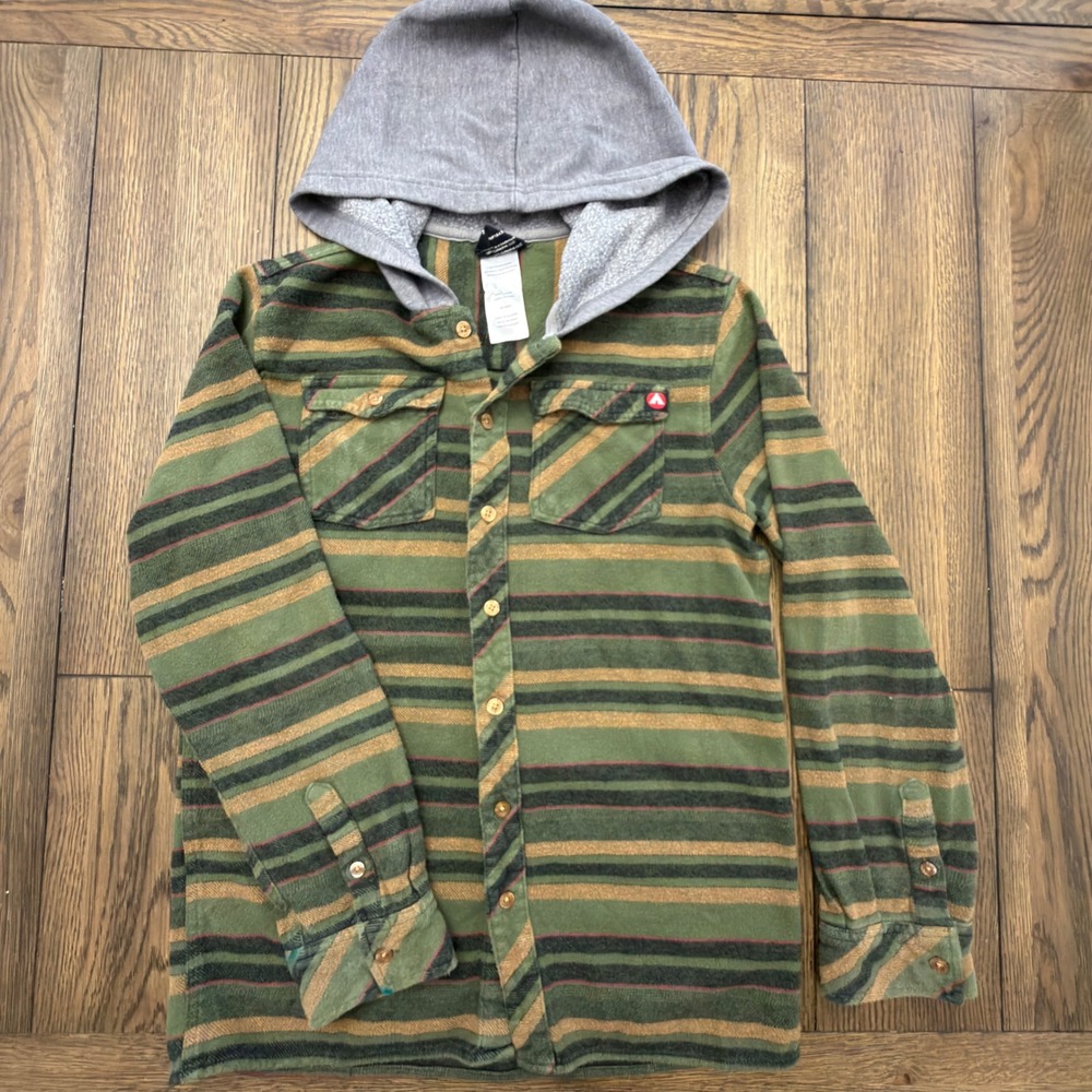 Airwalk Classics Mens Large Green Striped Hooded Flannel Shirt Button Up Skater